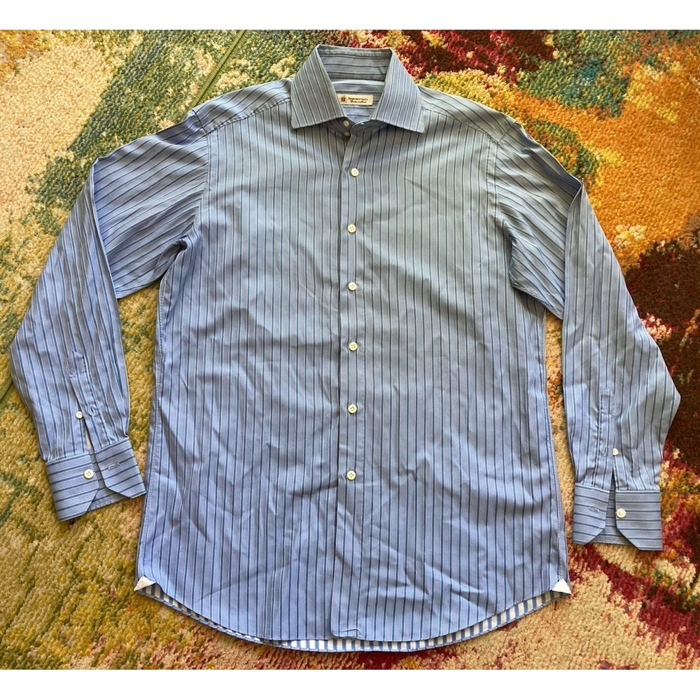 Domenico Vacca Dress Shirt Mens Size 16 41 Blue Striped Made In Italy